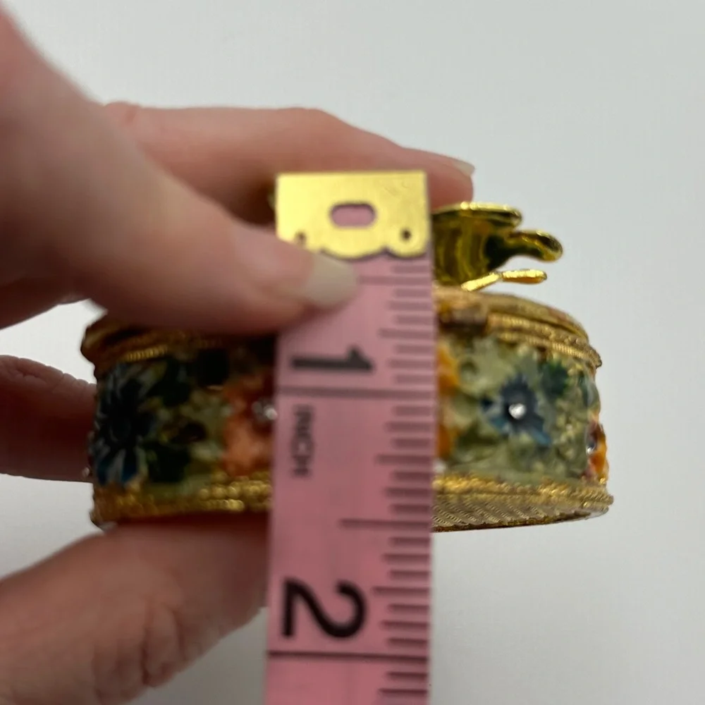 Gold & Multicolored Oval Butterfly & Flowers Rhinestone Trinket Jewelry Box